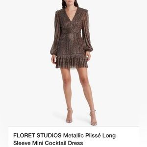 Floret Studios Metallic Plisse Long Sleeve Mini Cocktail Dress